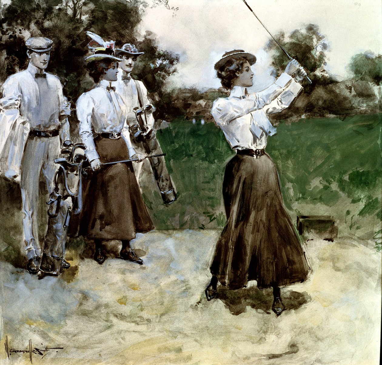Golf Foursome, 1900 körül (gouache és wc a fedélzeten) alkotó: Walter Granville Smith