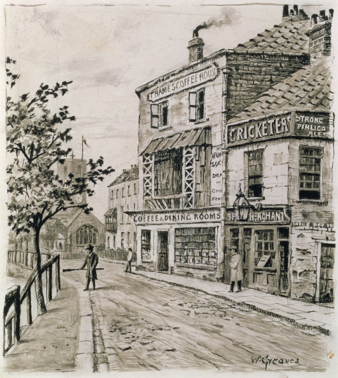 The Cricketers and the Thames Coffee House, Chelsea (tinta papíron) alkotó: Walter Greaves