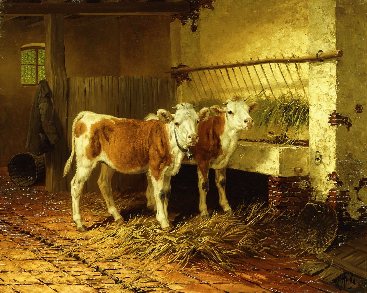 Két borjú egy istállóban alkotó: Walter Hunt