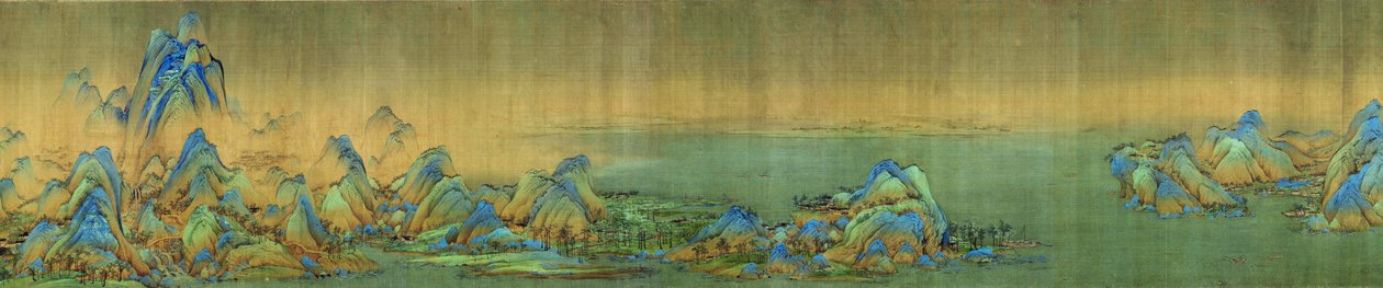 Ezer Li folyók és hegyek, részlet, 1113 körül (tinta és szín a ruhán) alkotó: Wang Ximeng