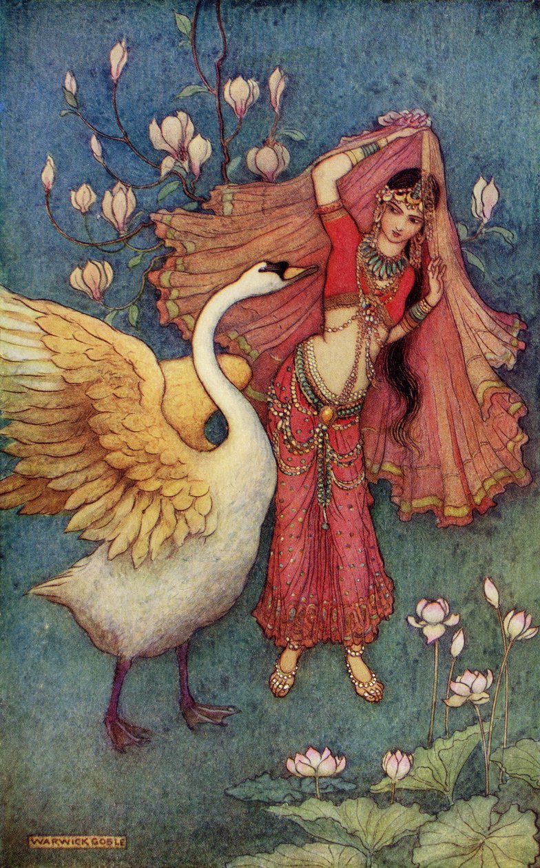 Damayanti és a hattyú, illusztráció Donald A. Mackenzie 