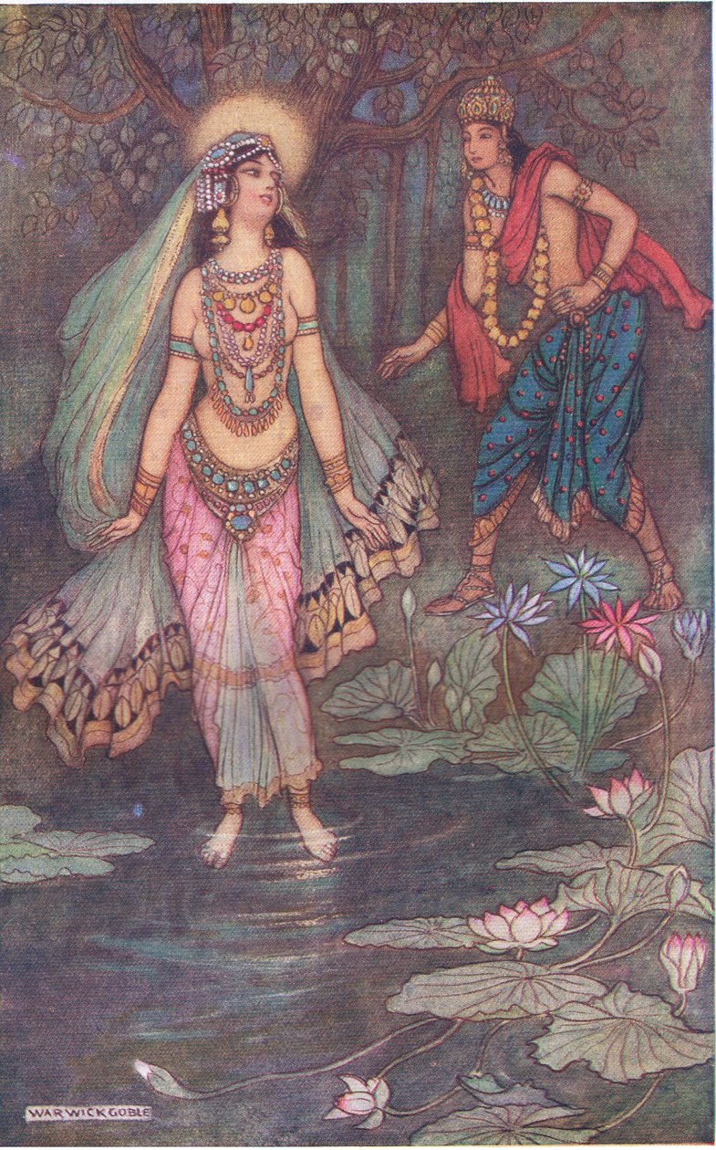 Shantanu találkozik Gangá istennővel. alkotó: Warwick Goble