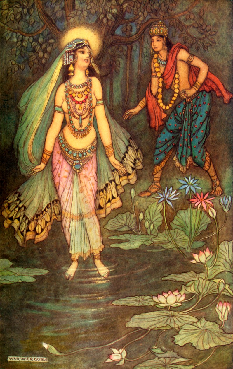 "Shantanu találkozik Ganga istennővel", 1913. alkotó: Warwick Goble