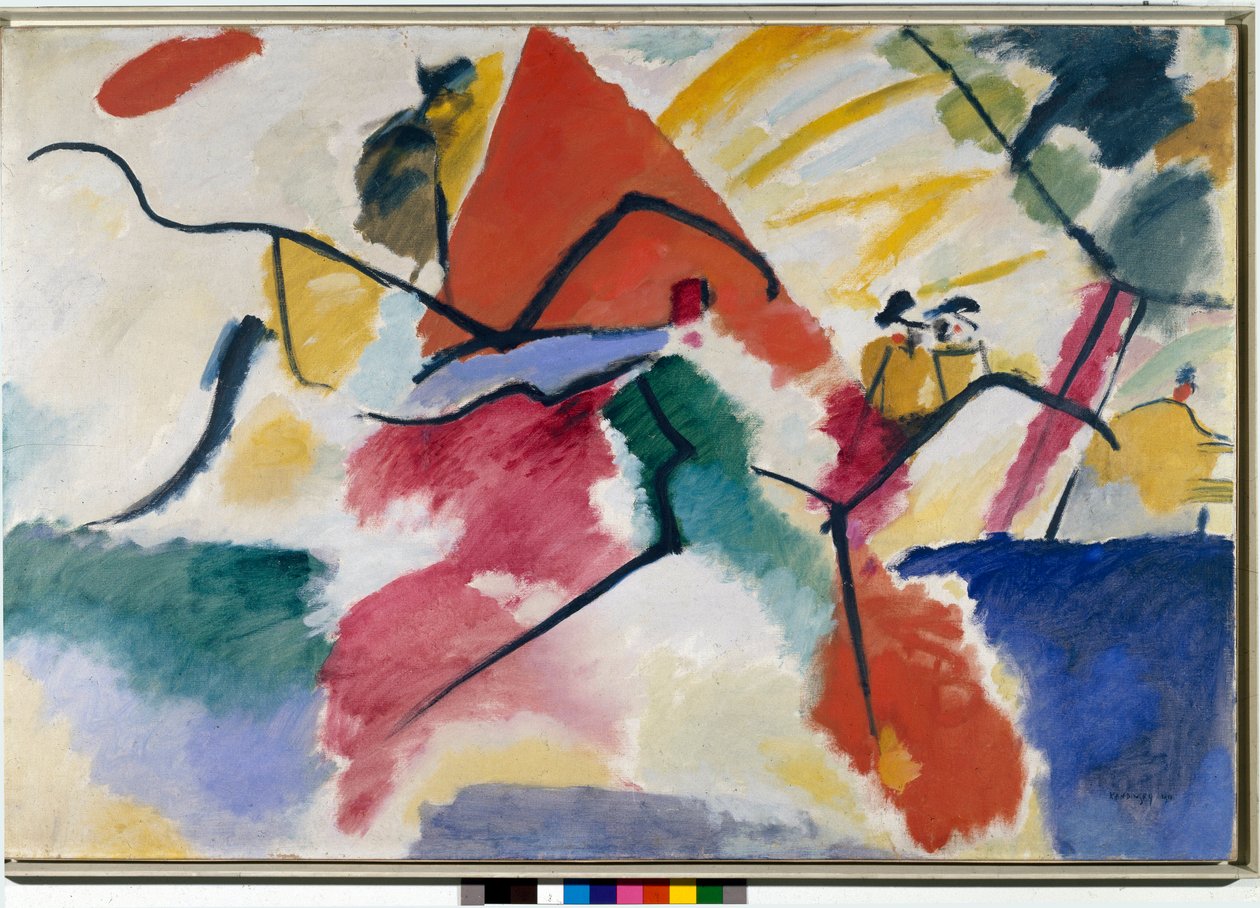Expresszionizmus: „” Benyomás n. 5” (5. benyomás) Vaszilij Kandinszkij (vagy Wassily Kandinski vagy Kandinskij, 1866-1944) akvarellje. 1911 Dim. 105x157,5 cm Párizs, musee national dart moderne, centr alkotó: Wassily Kandinsky