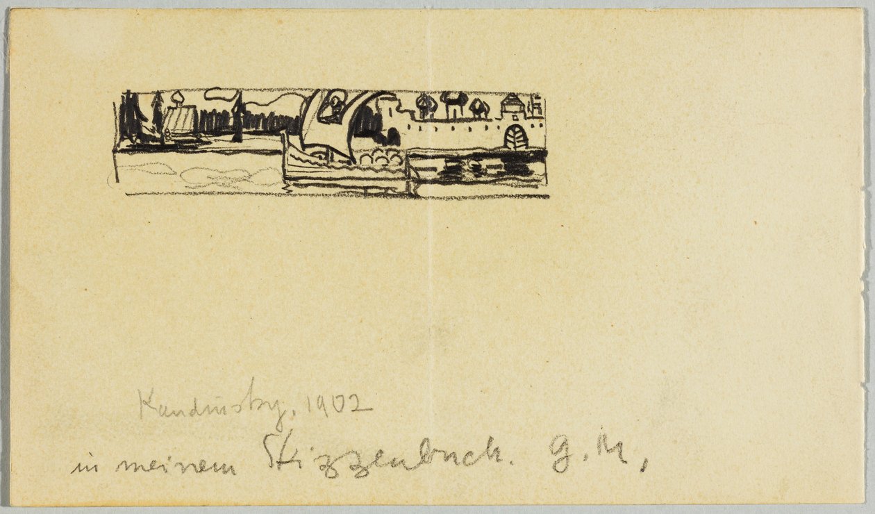 Folyói táj csónakkal és fallal körülvett várossal alkotó: Wassily Kandinsky