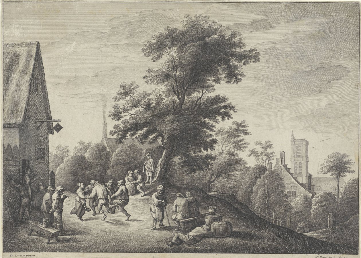 Táncoló parasztok egy fogadó előtt alkotó: Wenceslaus Hollar