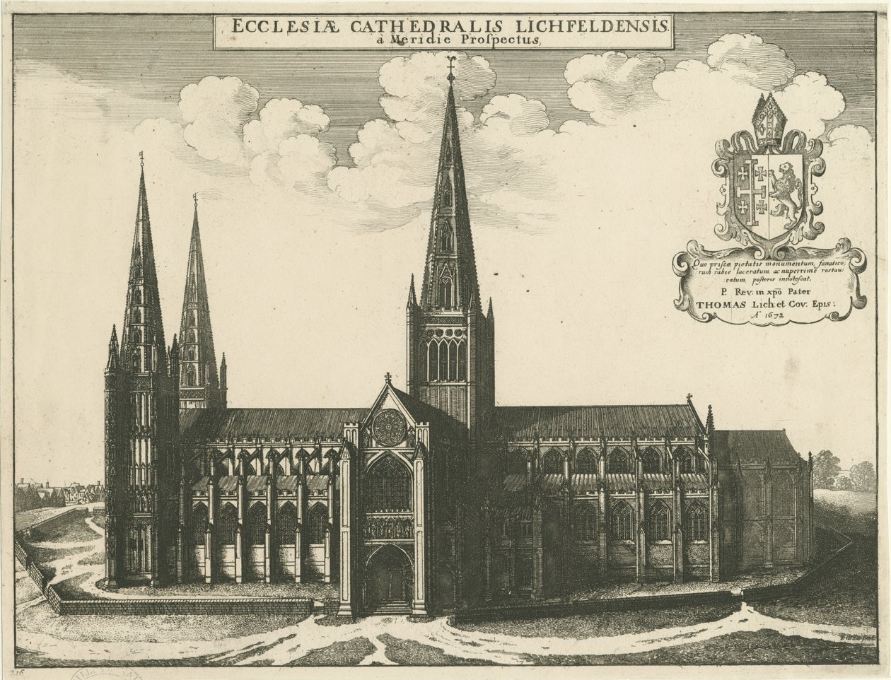 Lichfield katedrális – Déli nézet: metszet, 1672 alkotó: Wenceslaus Hollar