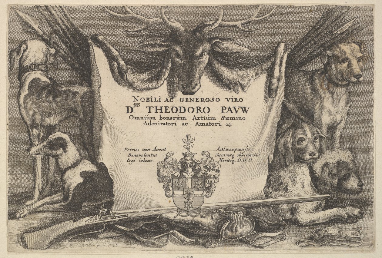 Címlap vadászkutyákkal és vadászfelszereléssel, 1646. alkotó: Wenceslaus Hollar