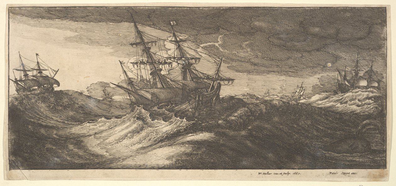 Hadihajó és egy kifolyó bálna, 1665. alkotó: Wenceslaus Hollar