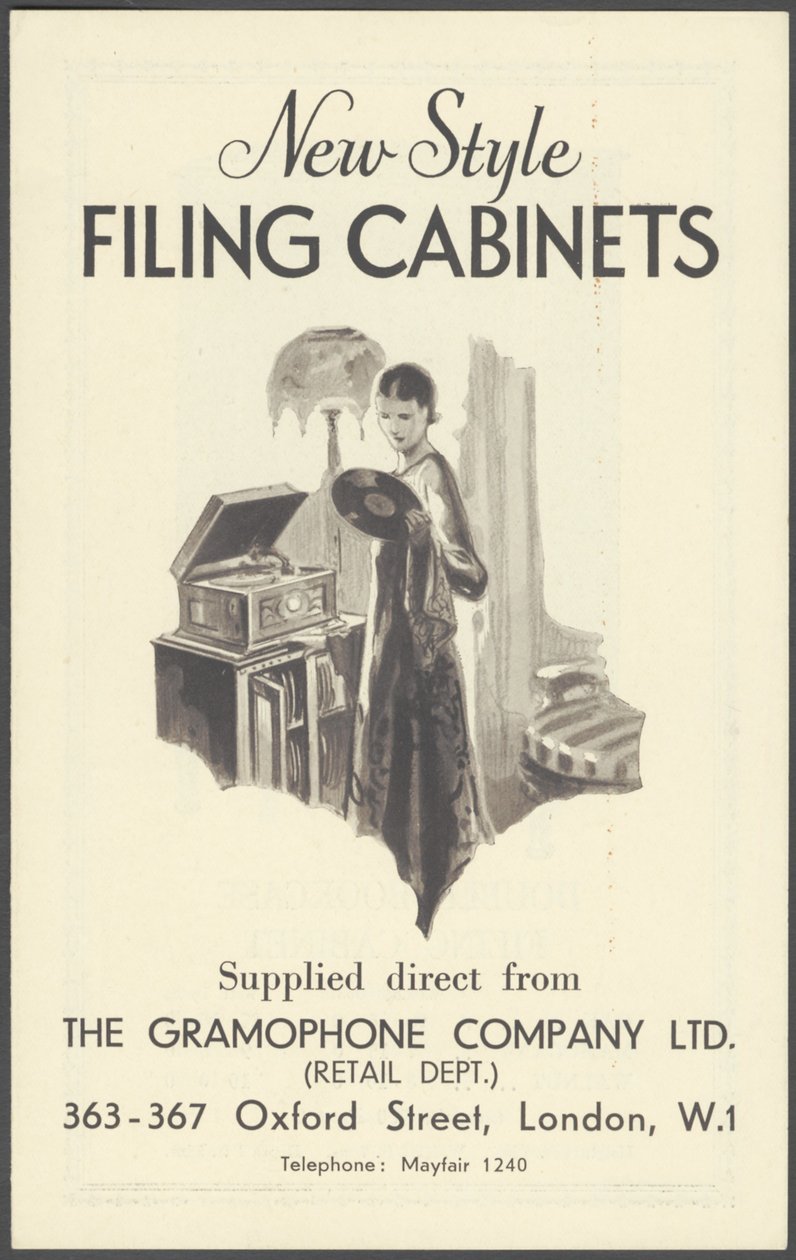A Gramophone Company iratszekrényei, 1920-as évek alkotó: Wilfred Fryer, Curtis Advertising Agency