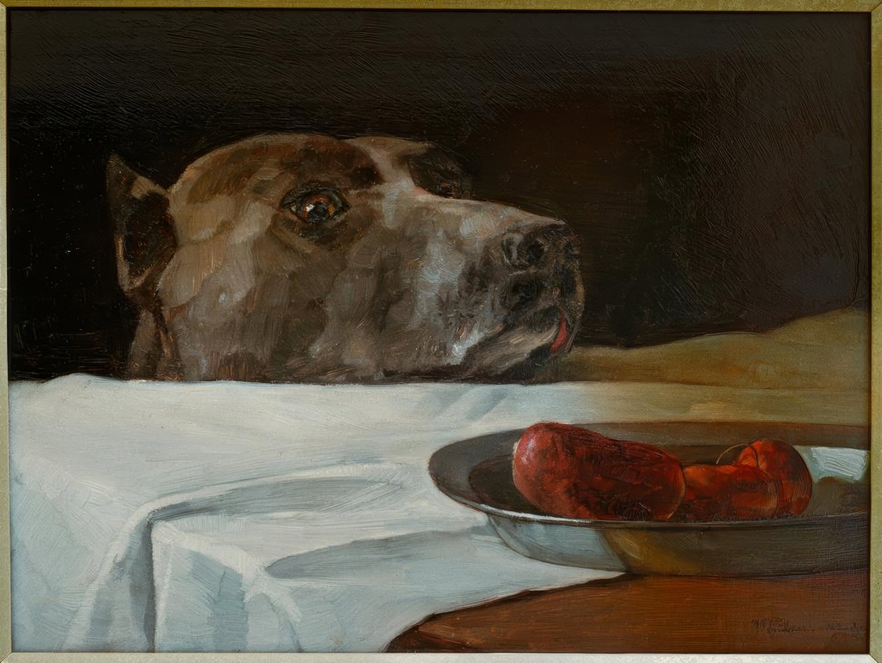 Dán dog kolbászos tállal alkotó: Wilhelm Trübner