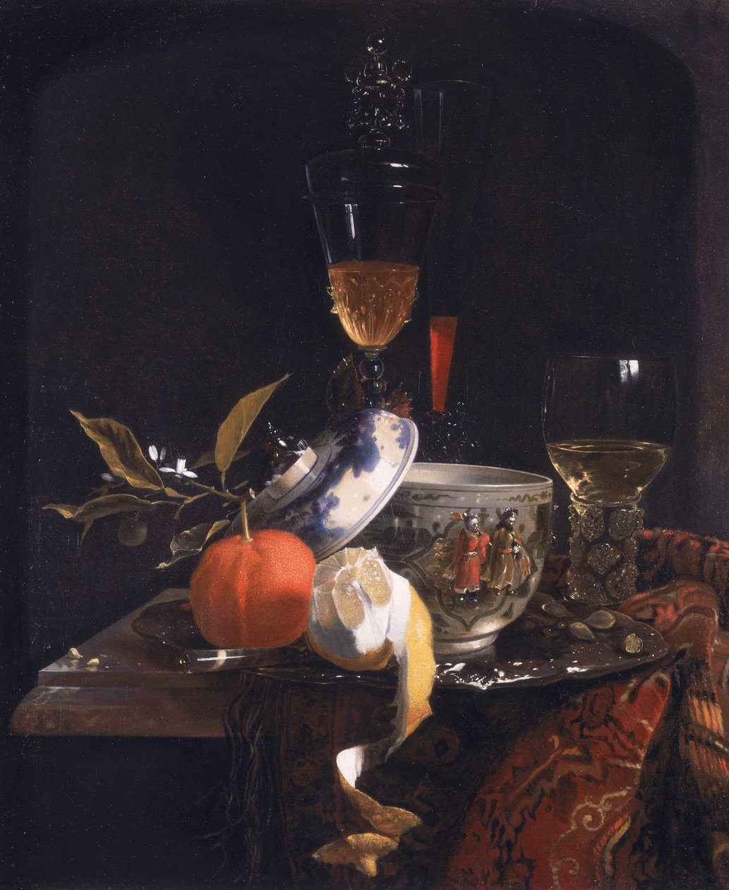 Csendélet kínai cukorral, üveg serleggel és gyümölccsel alkotó: Willem Kalf