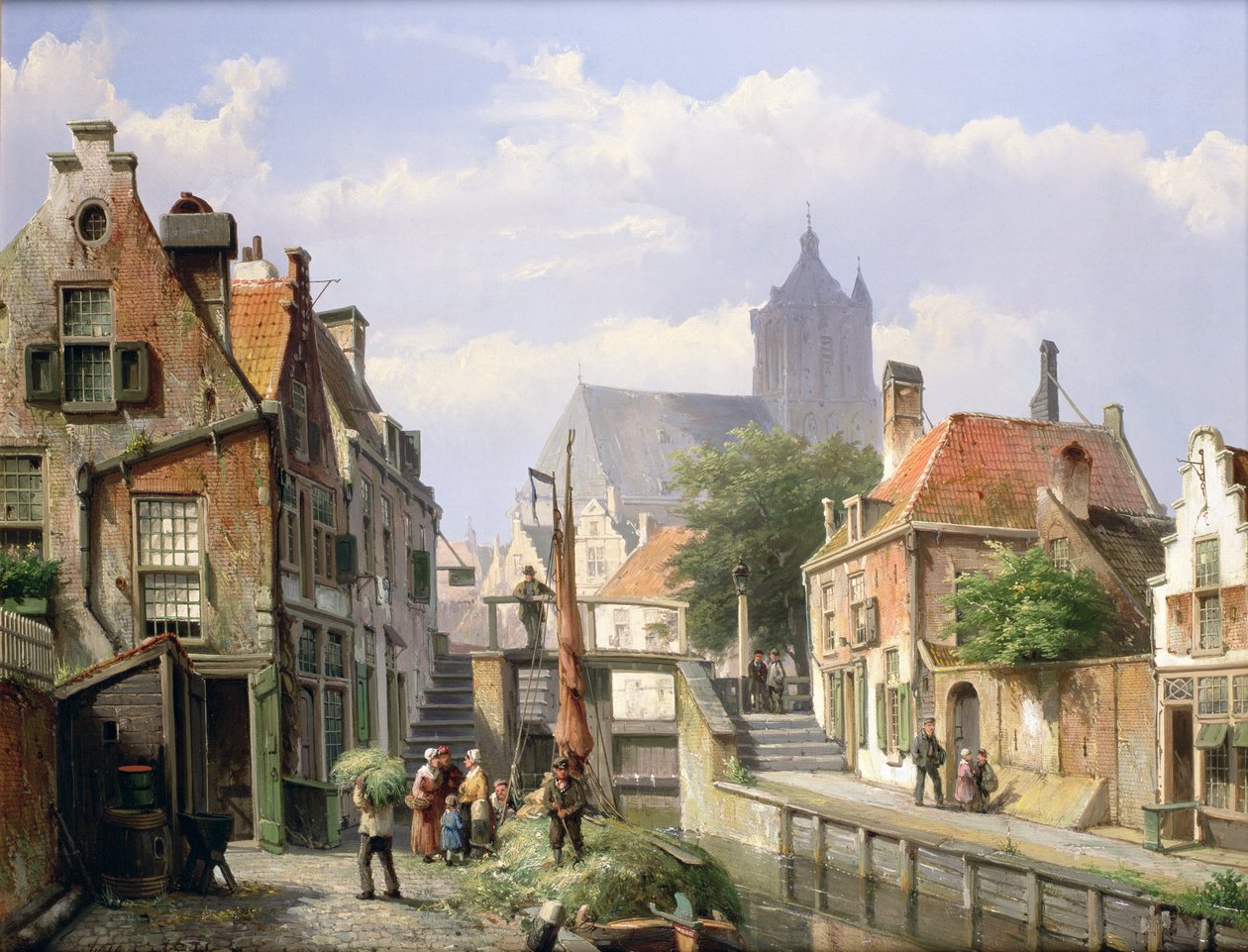A szénabárka kirakodása, Haarlem alkotó: Willem Koekkoek