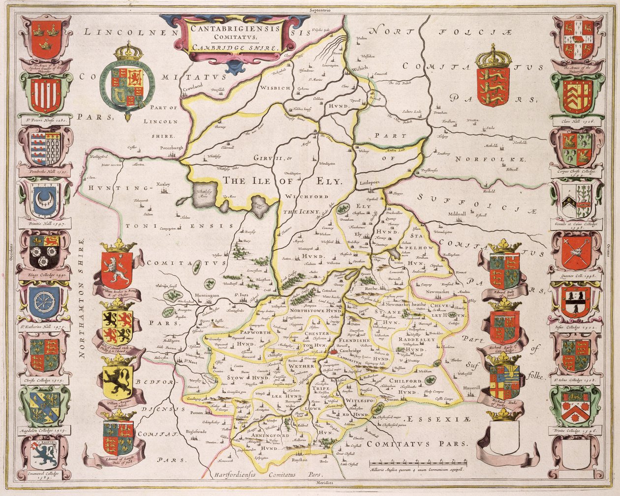 Cambridgeshire térképe, kiadó Amszterdam, 1647-48 körül (kézi színezésű metszet) alkotó: Joan Blaeu