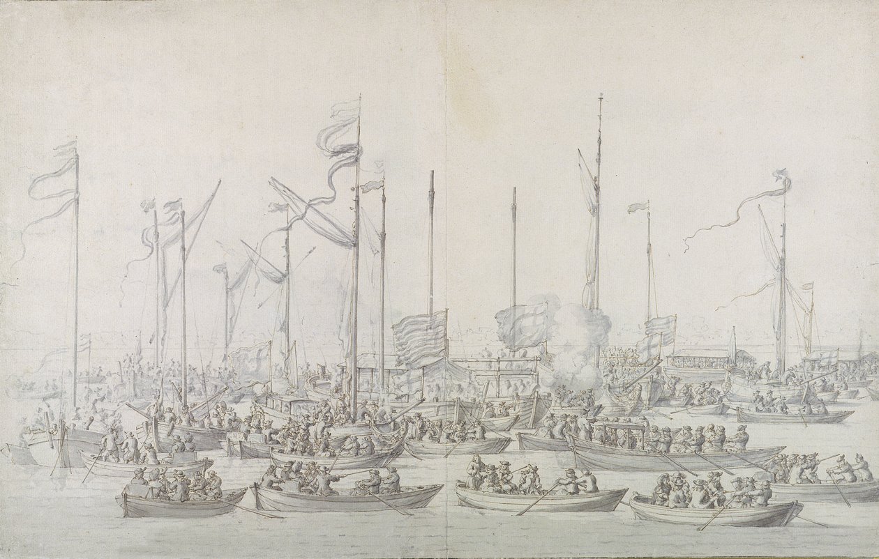 Ünnep a Temzén, Whitehall közelében, II. Jakab koronázása (1633-1701) után (toll és barna tinta, grafit és szürke mosás) alkotó: Willem van de Velde the Elder