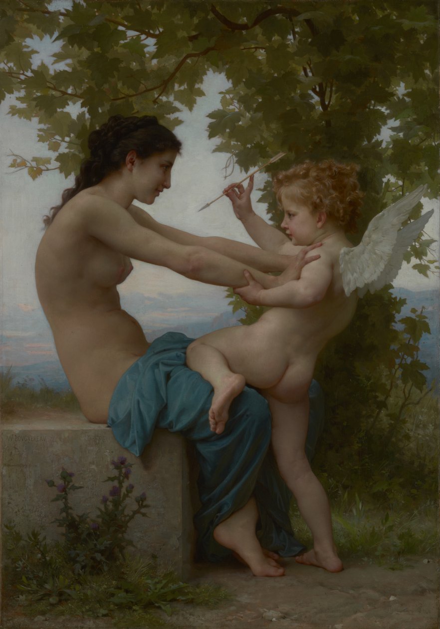 Egy fiatal lány, aki megvédi magát Erósztól alkotó: William Adolphe Bouguereau