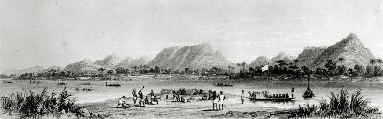 Hegyek és piaci kenuk Bokwen közelében, a „Fényes kilátások a Niger folyóra: Lander utolsó, 1832–1833-as látogatása alkalmával vázlatból”, Thomas Picken litográfiája, 1840-ben megjelent. alkotó: William Allen