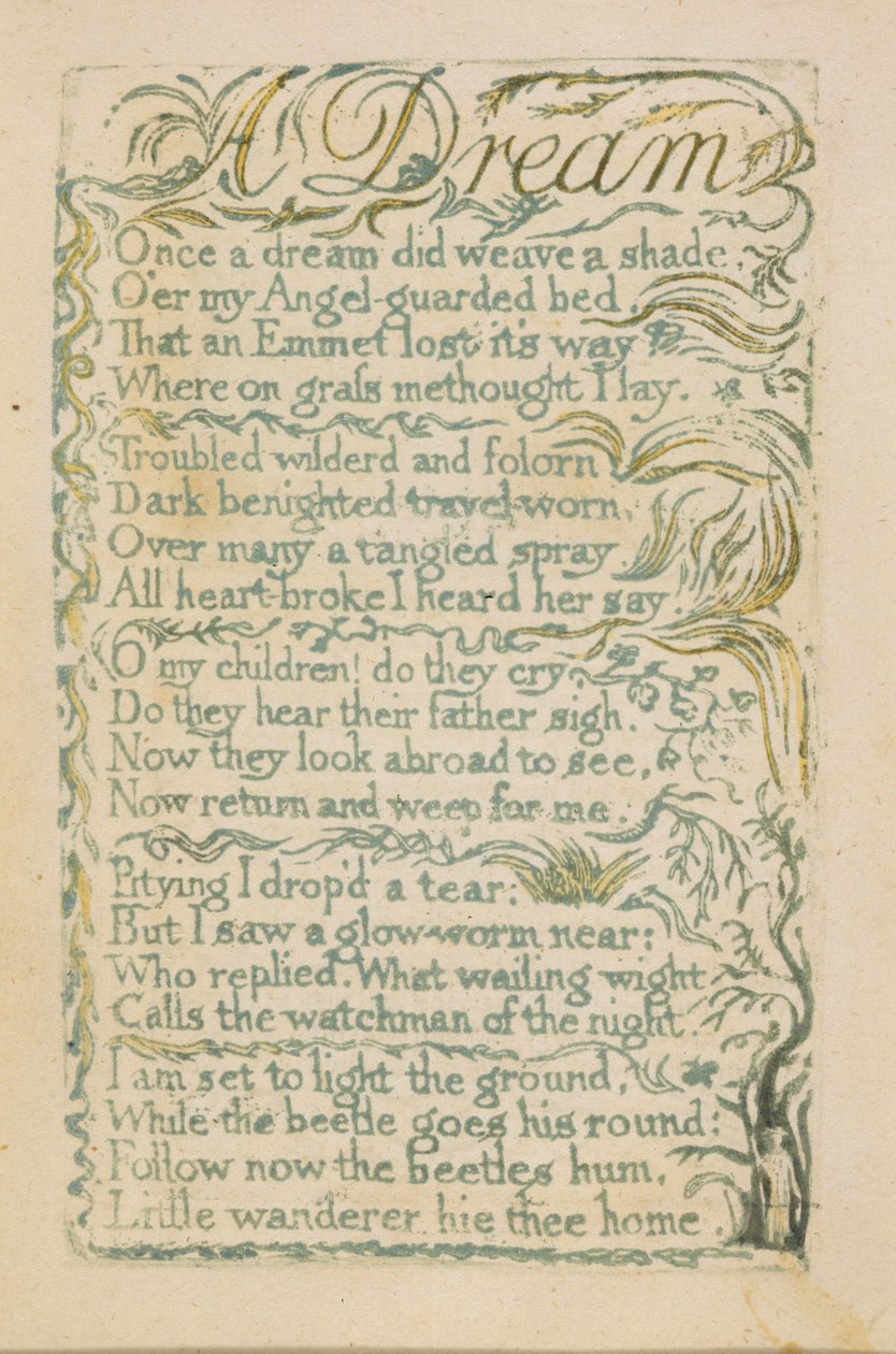 „A Dream”, 14. lemez a „Songs of Inocence”-ből, 1789 (kézzel festett domborműves akvarellel) alkotó: William Blake