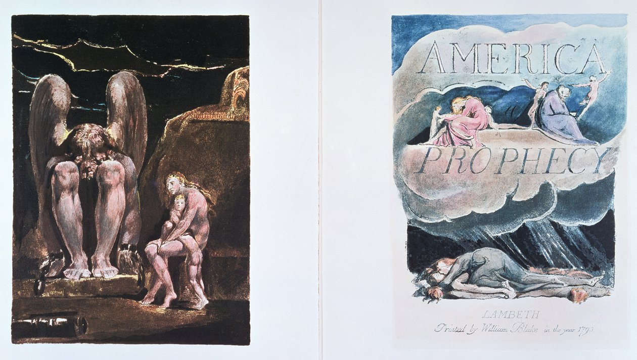 Amerika a prófécia: orkot, az energia megtestesítőjét ábrázoló előlap és címlap, 1793 (domborműves metszet fehér vonalmetszet és akvarell) alkotó: William Blake