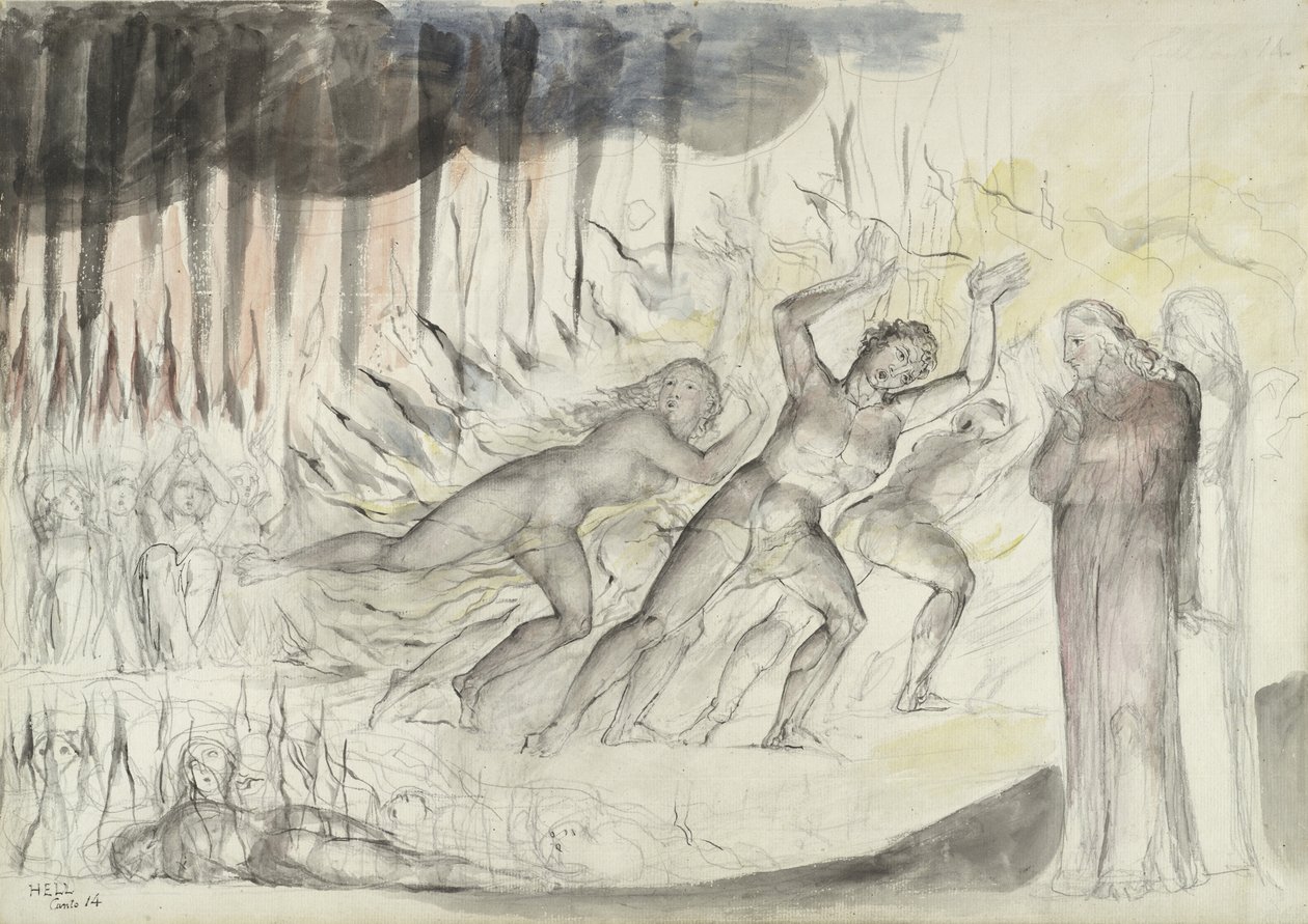 Dante és Vergilius az istenkáromlók között, illusztráció Dante Alighieri Isteni színjátékához, 1824-27 (toll és tinta WC-vel ceruzával és krétával papíron) alkotó: William Blake