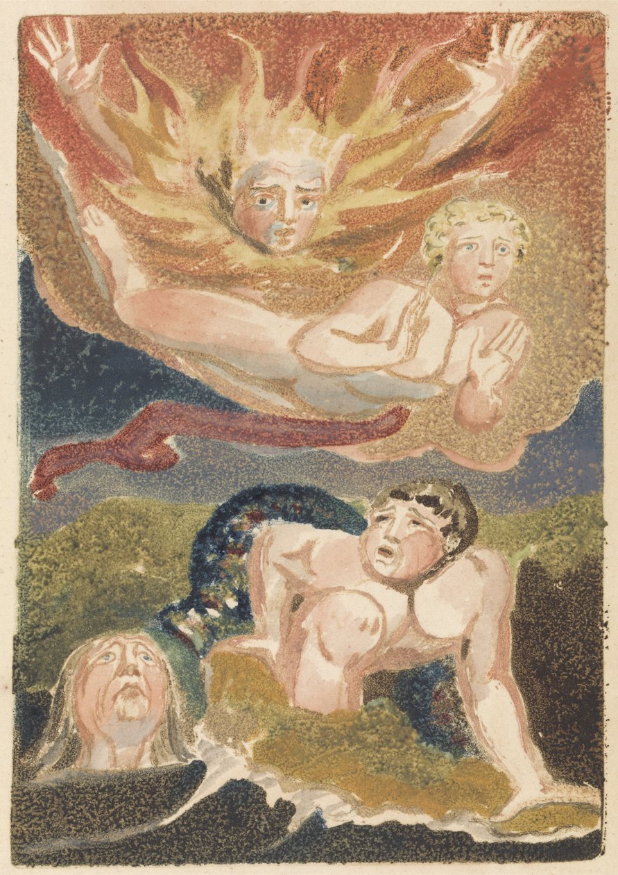 Négy meztelen férfi kiemelkedik elemeikből: lángok, égbolt, tenger és zöld föld, 22. lemez az Urizen első könyvéből, 1794 (domborművésés wc-vel) alkotó: William Blake