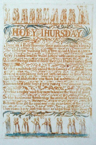 Nagycsütörtök, 23. tábla az Ártatlanság dalaiból, 1789 (dombormetszet, wc-vel) alkotó: William Blake
