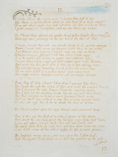 II O Little Cloud..., 5. tábla a The Book of Thel, 1789-ből (kézzel színezett dombormetszet, tollal és wc-vel, papírra metszve). alkotó: William Blake