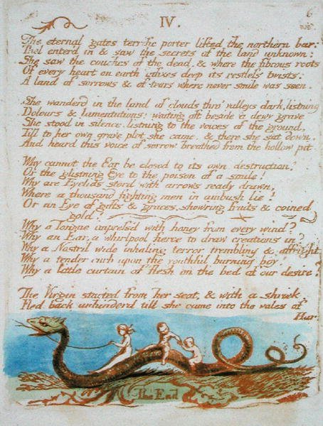 IV. Az örök kapuk..., 8. tábla a Thel könyvéből 1789 (domborműves rézkarc barnával nyomtatva wc-vel papírra) alkotó: William Blake