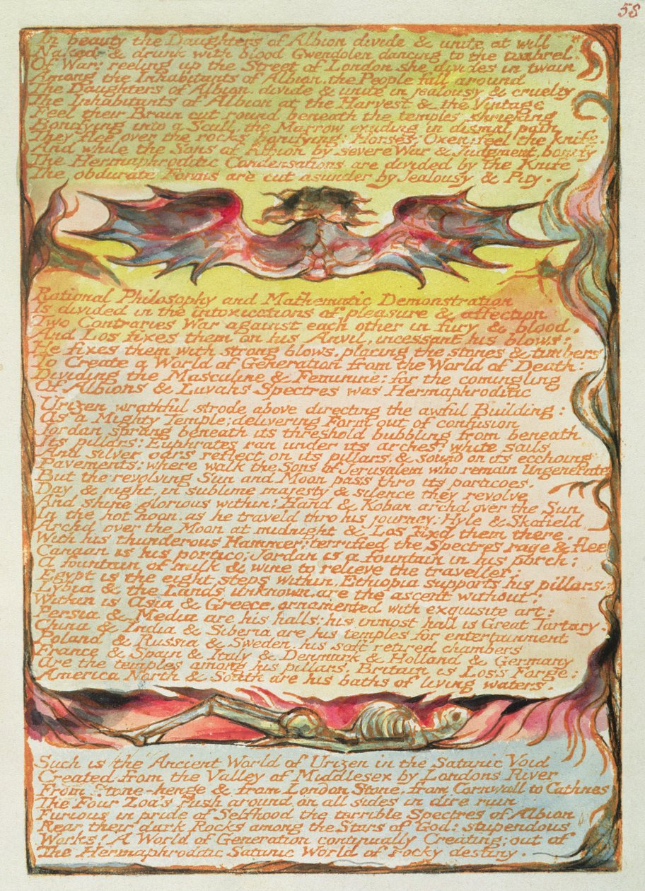 „In Beauty the Daughters of Albion...”, 58. tábla „Jeruzsálemből”, 1804-20 (narancssárga tollal és akvarellel nyomott domborműves rézkarc) alkotó: William Blake