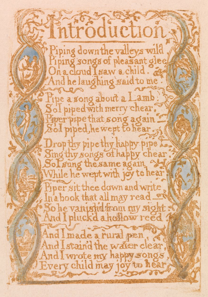 Bevezetés, 3. tábla az Ártatlanság dalaiból, 1789 (dombormetszet wc-vel, papírra) alkotó: William Blake