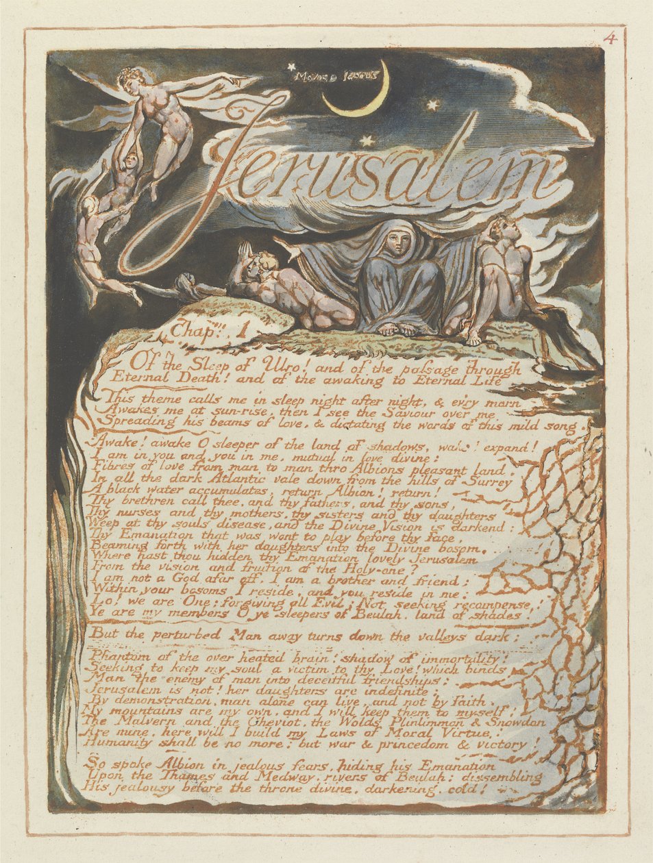 Jeruzsálem, 4. tábla Jeruzsálemből, 1804-20 (narancssárga dombormű, tollal és WC-vel) alkotó: William Blake
