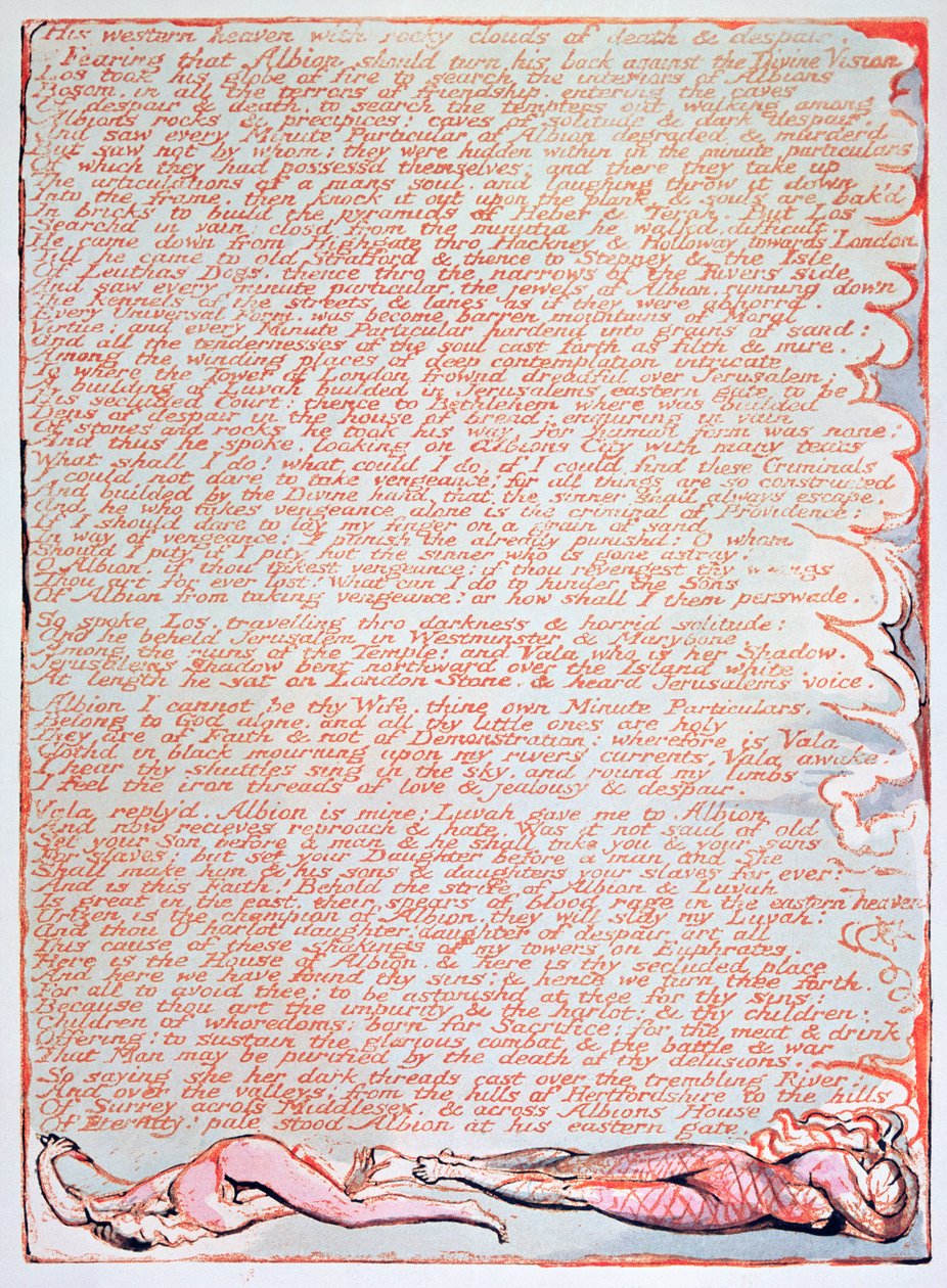 Jeruzsálem, az Óriás Albion kibocsátása; Nyugati mennyországa, 1804 (domborműves wc-vel) alkotó: William Blake