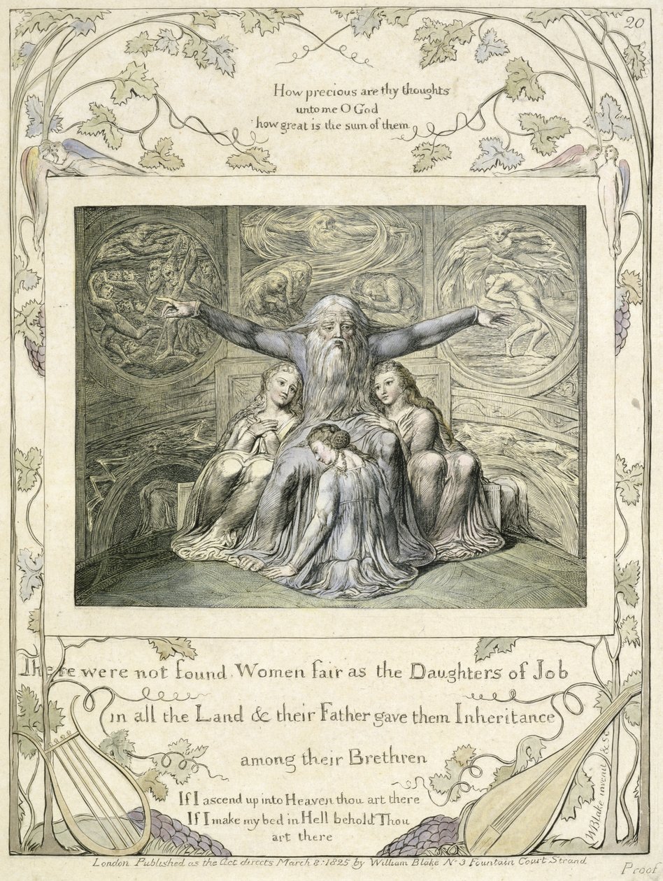 Jób és lányai (20. o.) a Jób könyvéből, 1793 körül (kézzel színezett vonalmetszet) alkotó: William Blake
