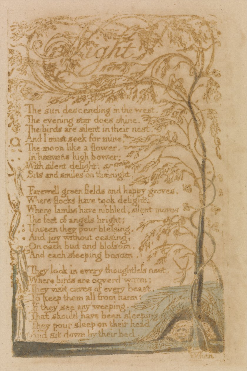 Éjszaka, 16. lemez az Ártatlanság énekeiből, 1789 (domborműves rézkarc wc-vel papíron) alkotó: William Blake