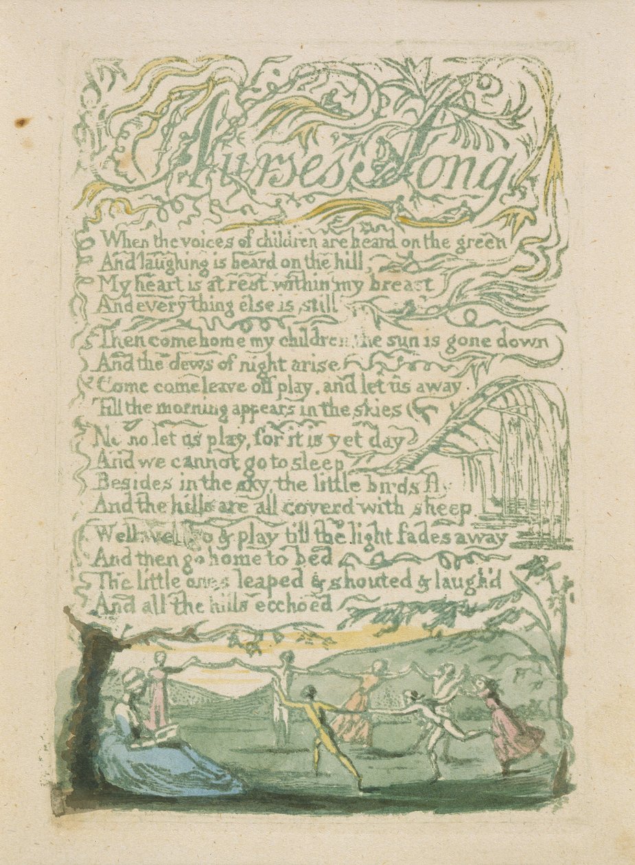 „Nővérek éneke”, 18. lemez a „Songs of Inocence”-ből, 1789 (kézzel festett dombormű, vízfestékkel) alkotó: William Blake