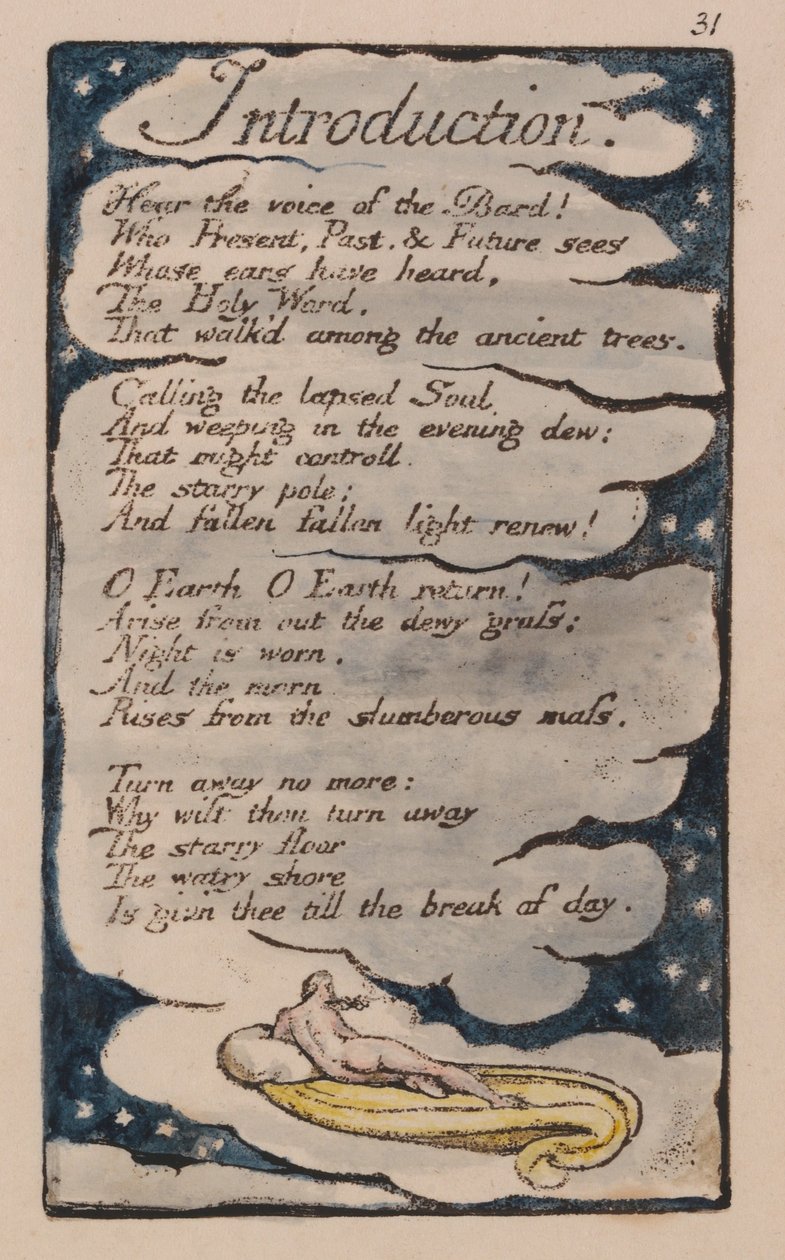 Az ártatlanság és a tapasztalat dalai, 31. lemez, Bevezetés (Bentley 30) alkotó: William Blake