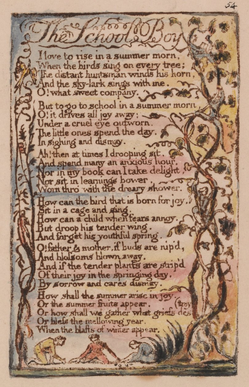 Az ártatlanság és a tapasztalat dalai, Plate 54, The School Boy (Bentley 53) alkotó: William Blake