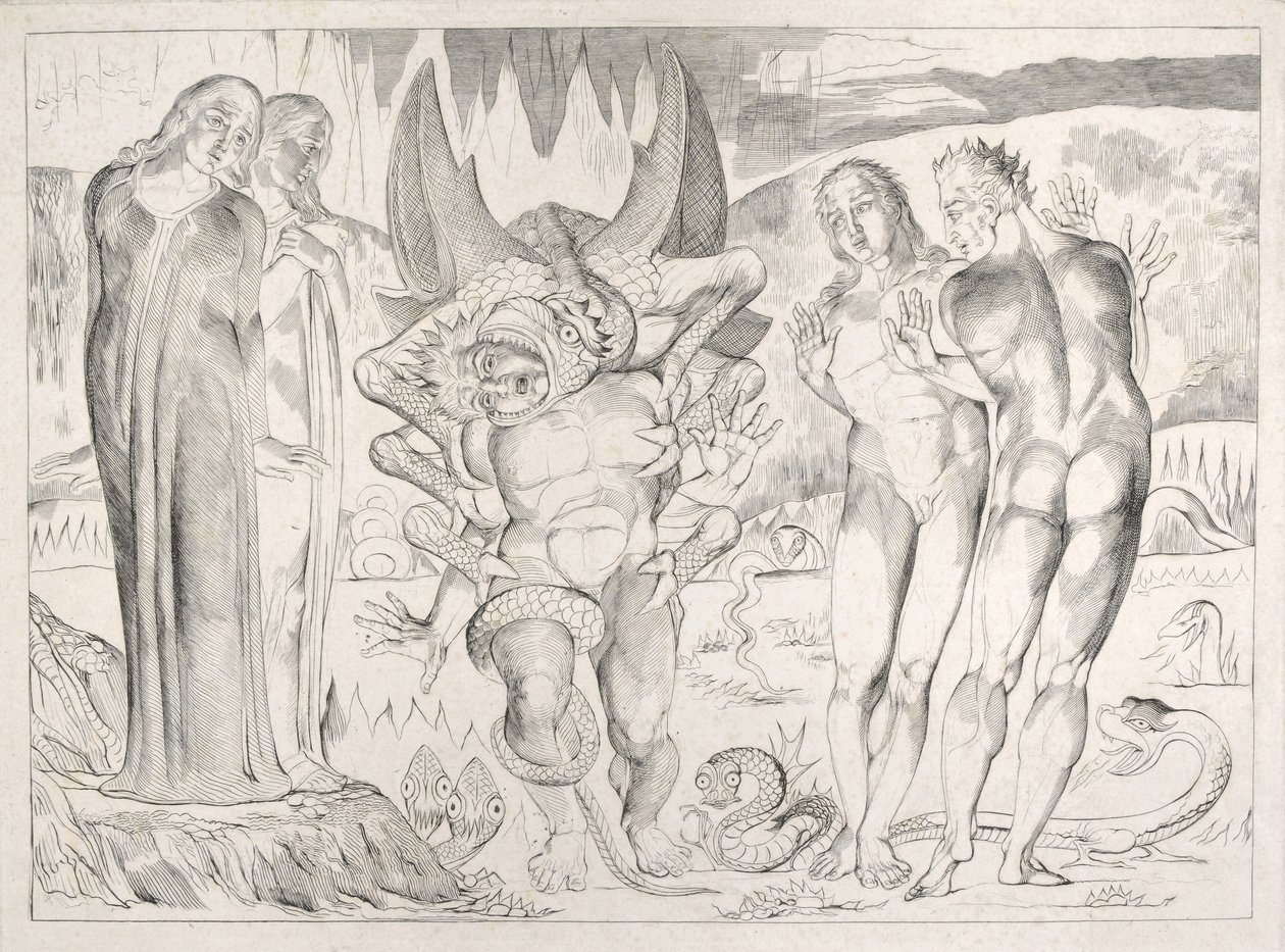 A tolvajok köre: Agnolo Brunelleschit megtámadta egy hatlábú kígyó pokol, XXV. ének, illusztráció Dante Alighieri „Isteni színjátékához”, 1827 alkotó: William Blake