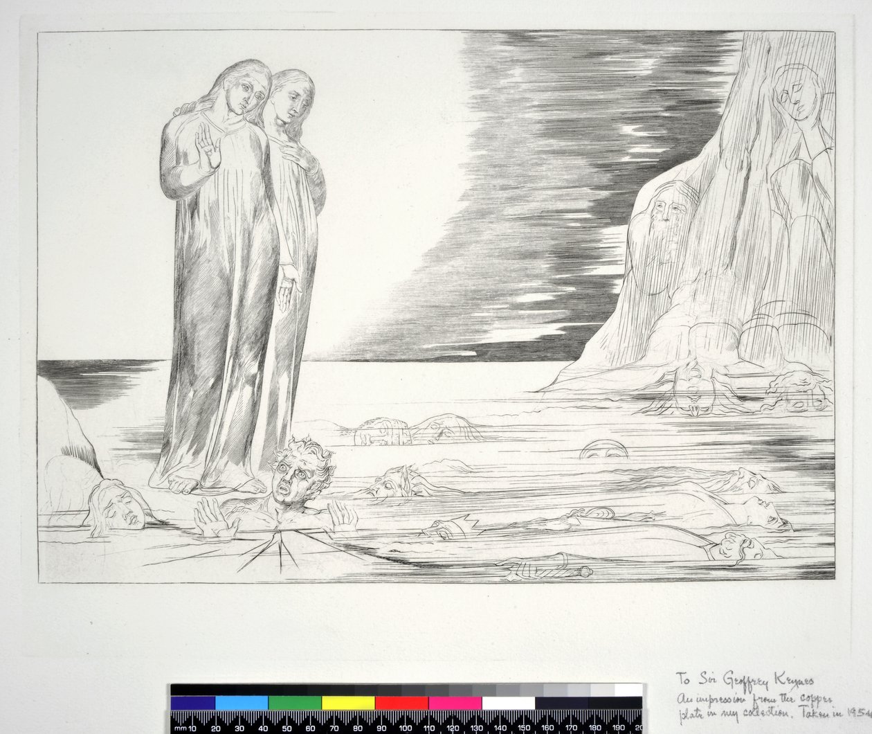 Az árulók köre: Dante lábbal lecsapó Bocca degli Abbate, Inferno, XXXII. ének, illusztráció Dante Alighieri "Isteni komédiájához", 1954. alkotó: William Blake