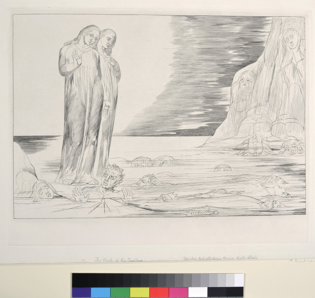 Az árulók köre: Dante lába megüti a Bocca degli Abbate-t, Pokol, XXXII. ének, illusztráció Dante Alighieri „Isteni színjátékához”, 1827 alkotó: William Blake
