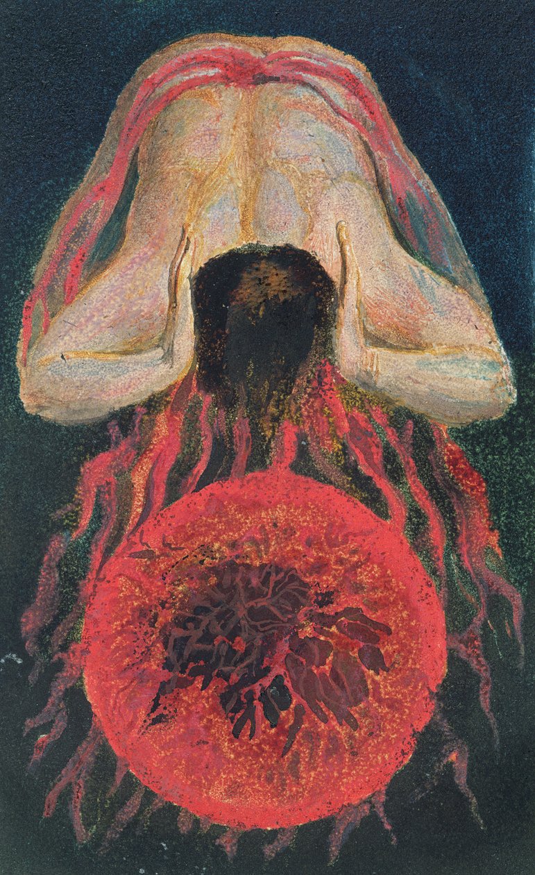 Urizen első könyve, 1794. 17. tábla (a domborműves rézsa wc-ben befejezve, papíron) alkotó: William Blake