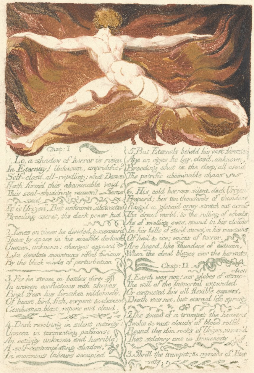 Urizen első könyve, 3. tábla, I. fejezet I. Lo, a shadow..., 1794 (domborművésés wc-vel) alkotó: William Blake