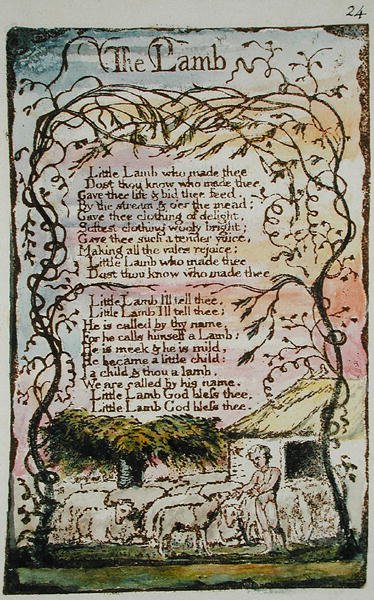 A bárány, illusztráció a Songs of Inocence and of Experience-ből, (Bentley Copy L) pl.24 (Bentley 8) 1789-94 (domborműves rézkarc tollal és WC-vel papíron) alkotó: William Blake