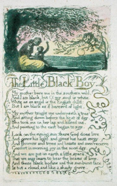 A kis fekete fiú, 5. tábla az Ártatlanság dalaiból, 1789 (kézi színezésű dombormetszet wc-vel, papírra) alkotó: William Blake