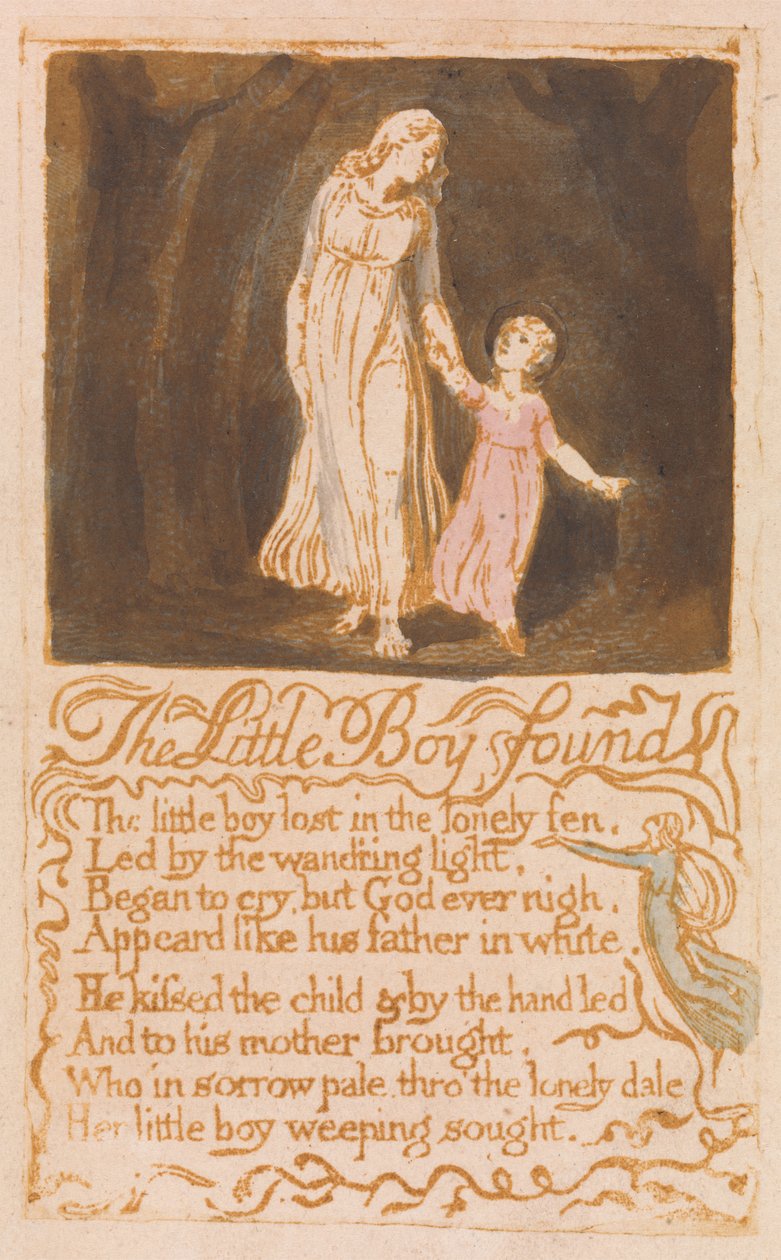 A megtalált kisfiú, 21. lemez az ártatlanság énekeiből, 1789 (domborműves metszet wc-vel) alkotó: William Blake