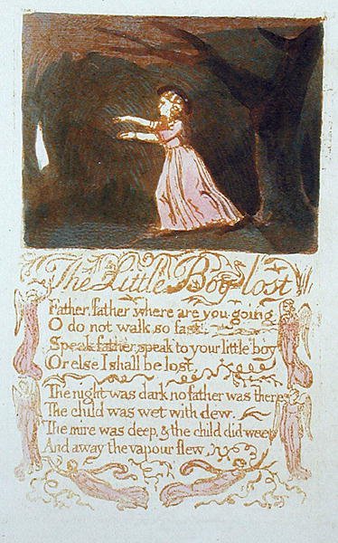 Az elveszett kisfiú, 20. lemez a Songs of Innocence-ből, 1789 (domborműves rézkarc wc-vel) alkotó: William Blake