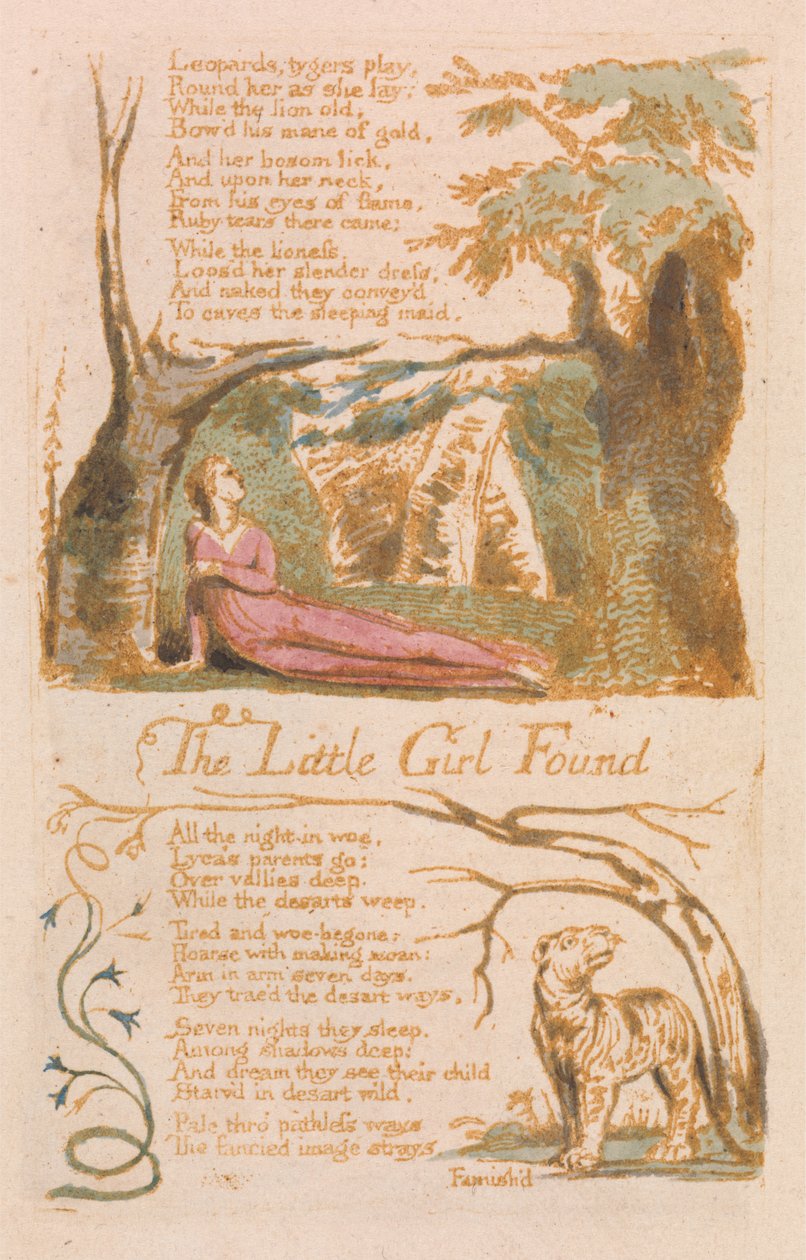 A megtalált kislány, 6. tábla az Ártatlanság dalaiból, 1789 (dombormetszet wc-vel, papírra) alkotó: William Blake