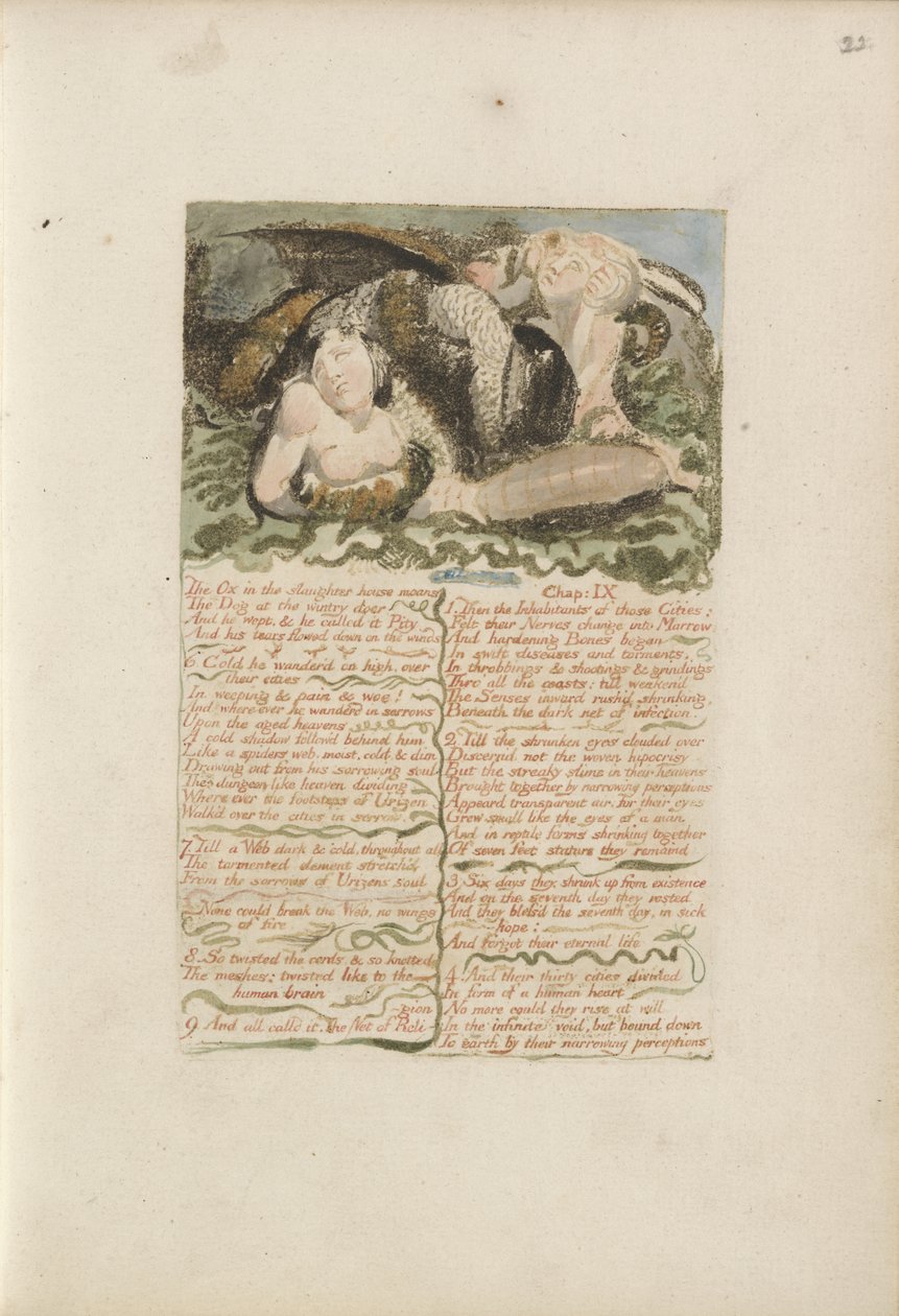 Az ökör a vágóhídon nyög..., 26. tábla az Urizen első könyvéből, 1794 (színnyomásos domborműves tintával és wc-vel papíron) alkotó: William Blake