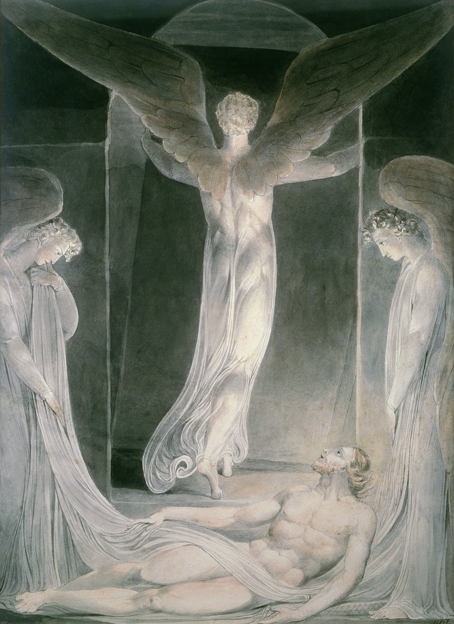 A feltámadás: Az angyalok elgurítják a követ a sírról alkotó: William Blake