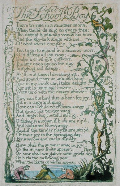 The School Boy, 12. tábla az ártatlanság dalaiból, 1789 (kézzel festett domborműves akvarellel) alkotó: William Blake